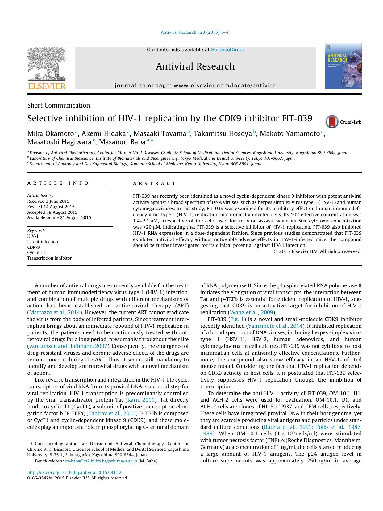 Selective inhibition of HIV-1 replication by the CDK9 inhibitor FIT-039 by unknow
