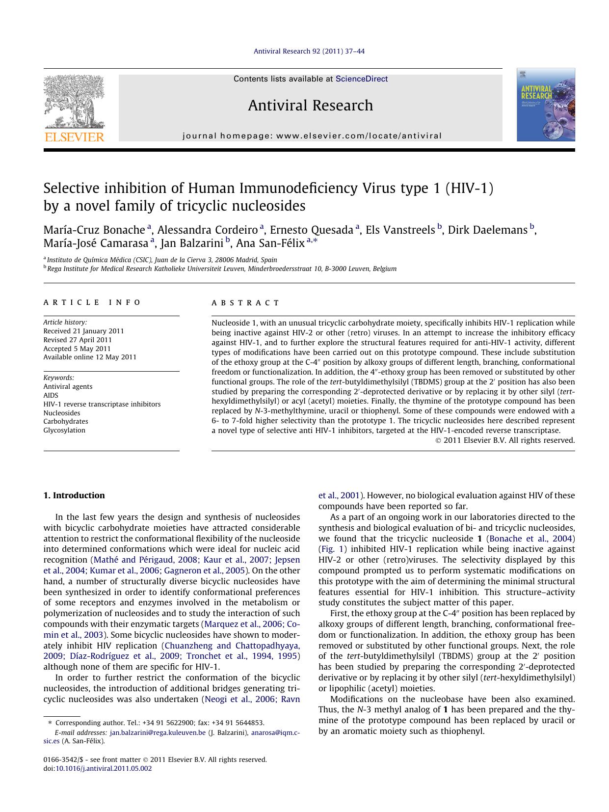 Selective inhibition of Human Immunodeficiency Virus type 1 (HIV-1) by a novel family of tricyclic nucleosides by unknow