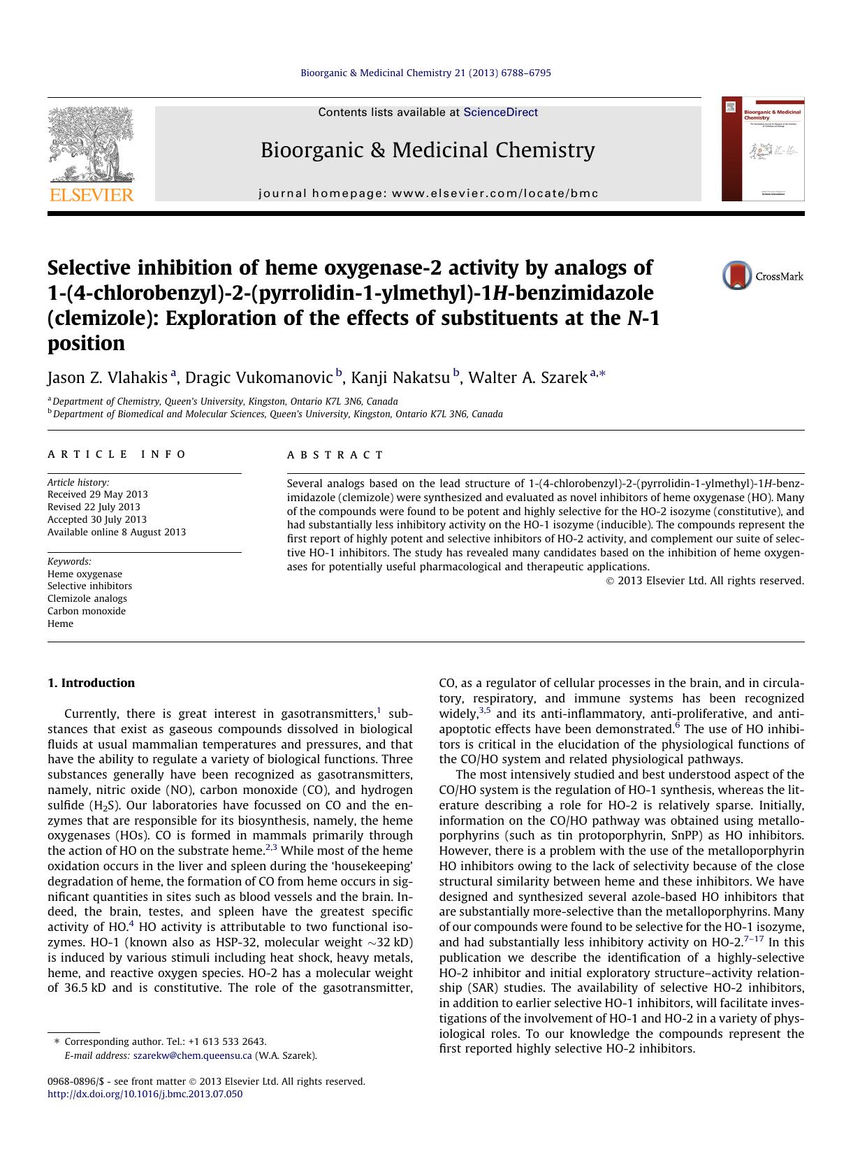 Selective inhibition of heme oxygenase-2 activity by analogs of 1-(4-chlorobenzyl)-2-(pyrrolidin-1-ylmethyl)-1H-benzimidazole (clemizole): Exploration of the effects of substituent by Jason Z. Vlahakis & Dragic Vukomanovic & Kanji Nakatsu & Walter A. Szarek