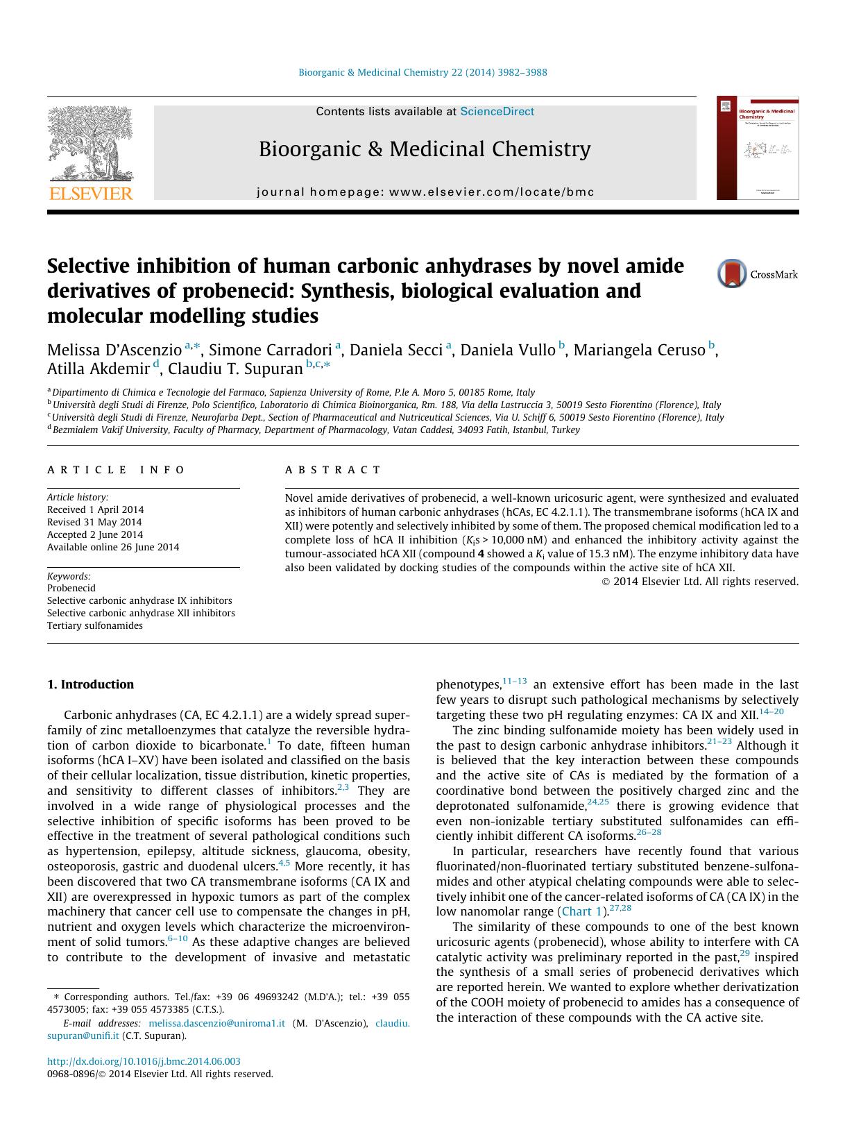 Selective inhibition of human carbonic anhydrases by novel amide derivatives of probenecid: Synthesis, biological evaluation and molecular modelling studies by unknow