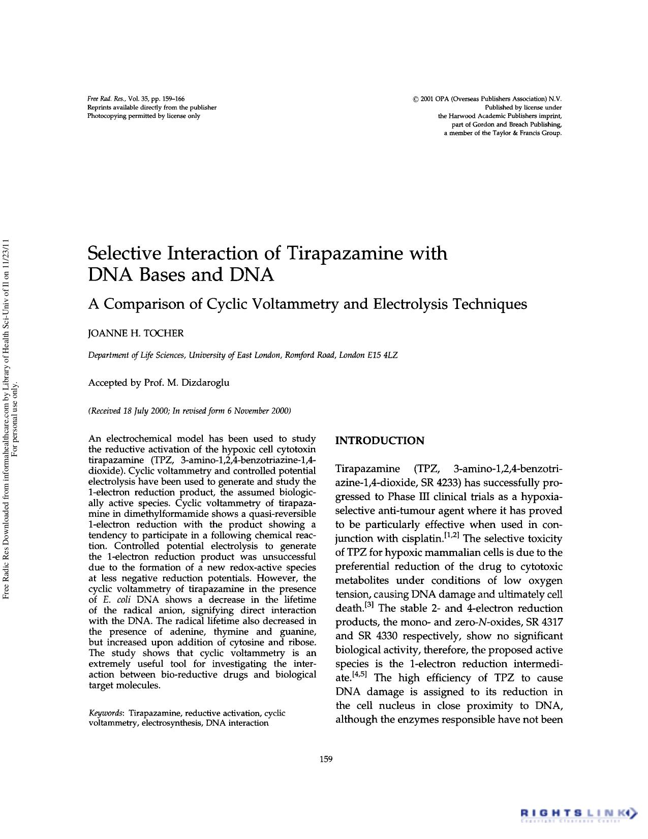 Selective interaction of tirapazamine with DNA bases and DNA by Joanne H. Tocher
