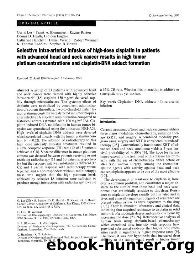 Selective intra-arterial infusion of high-dose cisplatin in patients with advanced head and neck cancer results in high tumor platinum concentrations and cisplatin-DNA adduct formation by Unknown