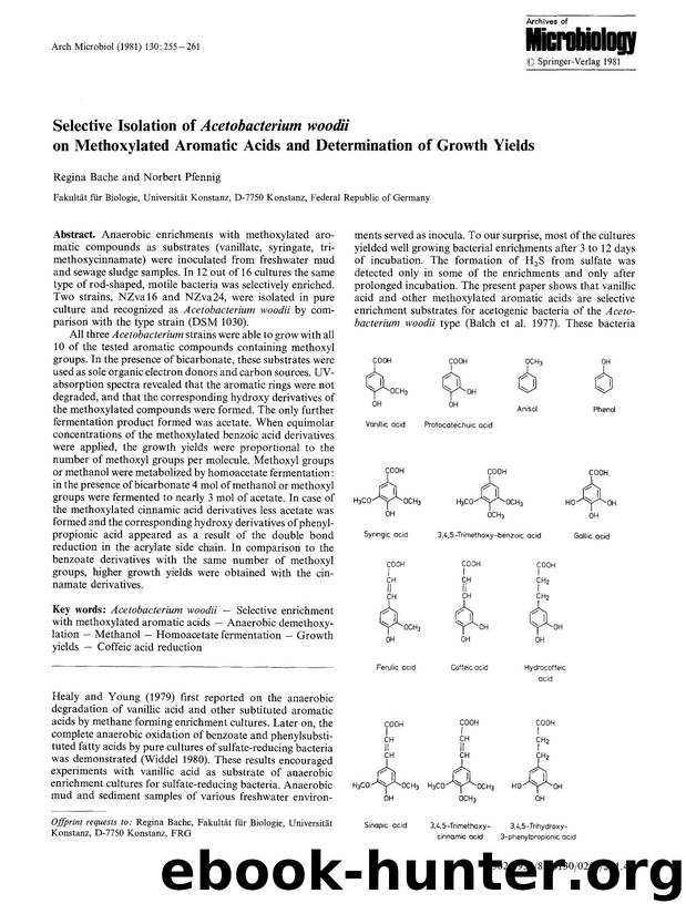 Selective isolation of <Emphasis Type="Italic">Acetobacterium woodii<Emphasis> on methoxylated aromatic acids and determination of growth yields by Unknown