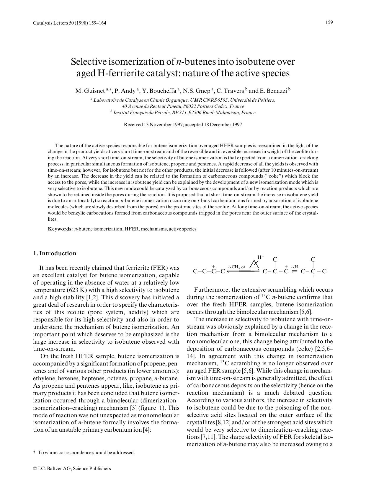 Selective isomerization of n-butenes into isobutene over aged H-ferrierite catalyst: nature of the active species by Unknown