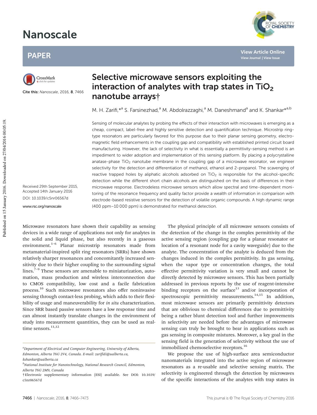 Selective microwave sensors exploiting the interaction of analytes with trap states in TiO2 nanotube arrays by M. H. Zarifi S. Farsinezhad M. Abdolrazzaghi M. Daneshmand K. Shankar