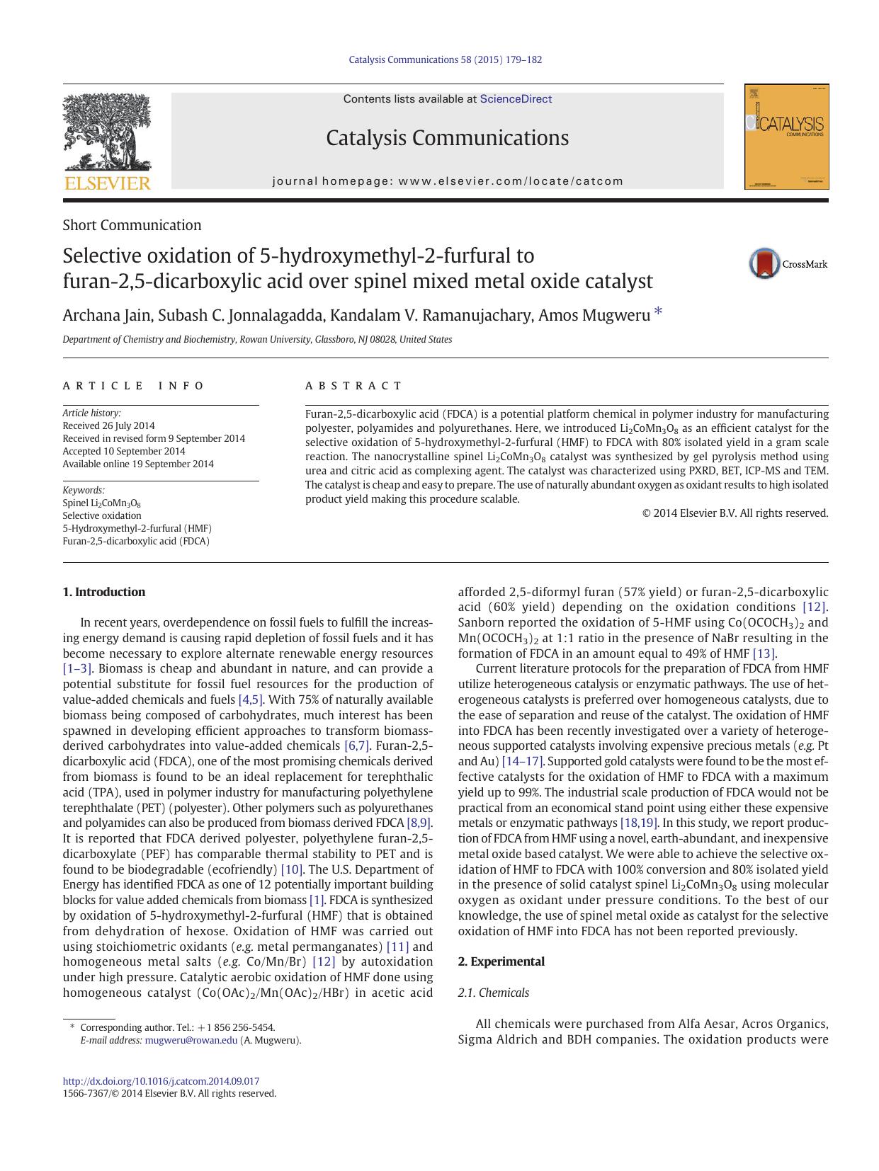 Selective oxidation of 5-hydroxymethyl-2-furfural to furan-2,5-dicarboxylic acid over spinel mixed metal oxide catalyst by Archana Jain & Subash C. Jonnalagadda & Kandalam V. Ramanujachary & Amos Mugweru