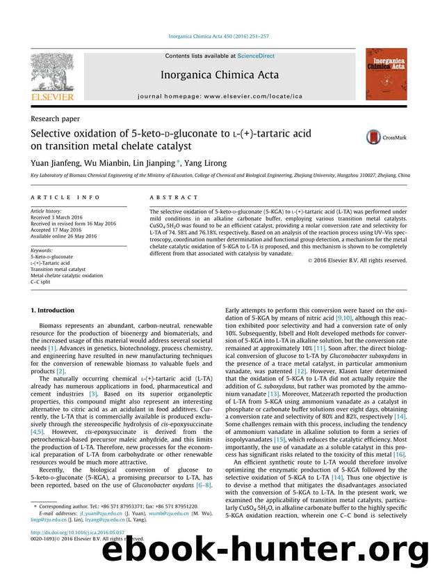 Selective oxidation of 5-keto-d-gluconate to l-(+)-tartaric acid on transition metal chelate catalyst by Jianfeng Yuan & Mianbin Wu & Jianping Lin & Lirong Yang