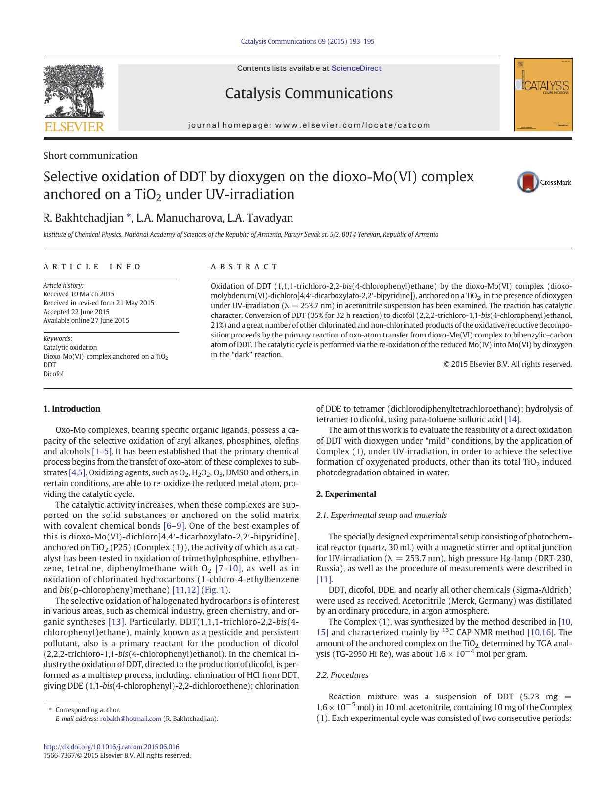 Selective oxidation of DDT by dioxygen on the dioxo-Mo(VI) complex anchored on a TiO2 under UV-irradiation by R. Bakhtchadjian & L.A. Manucharova & L.A. Tavadyan