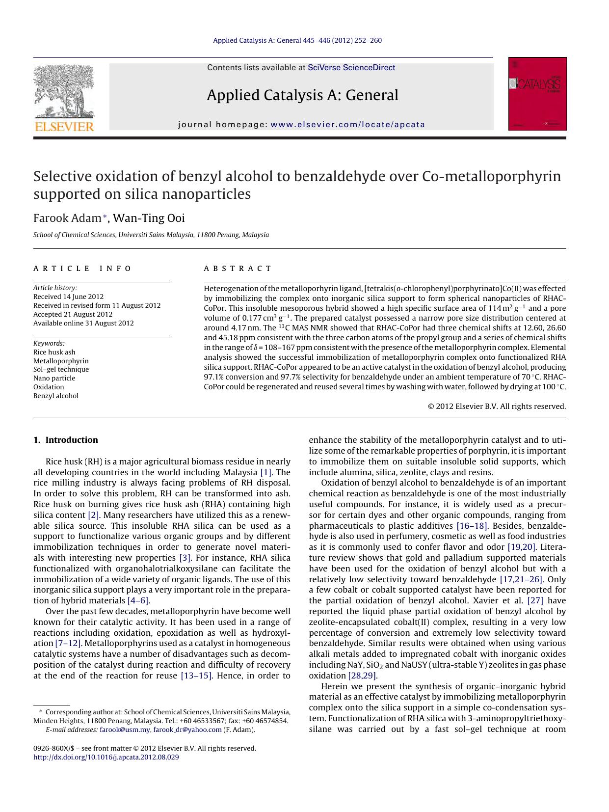 Selective oxidation of benzyl alcohol to benzaldehyde over Co-metalloporphyrin supported on silica nanoparticles by Farook Adam & Wan-Ting Ooi