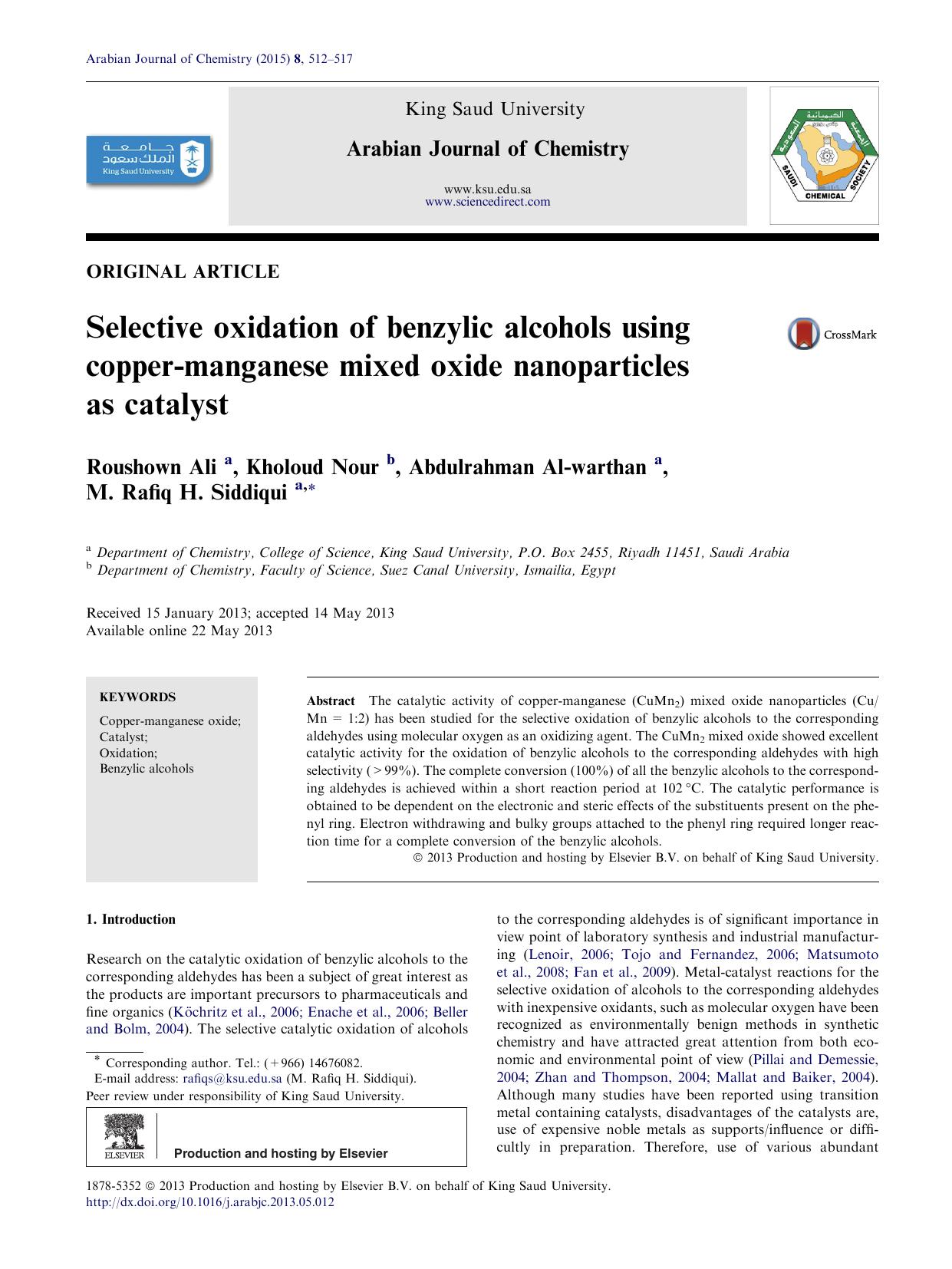 Selective oxidation of benzylic alcohols using copper-manganese mixed oxide nanoparticles as catalyst by Roushown Ali & Kholoud Nour & Abdulrahman Al-warthan & M. Rafiq H. Siddiqui