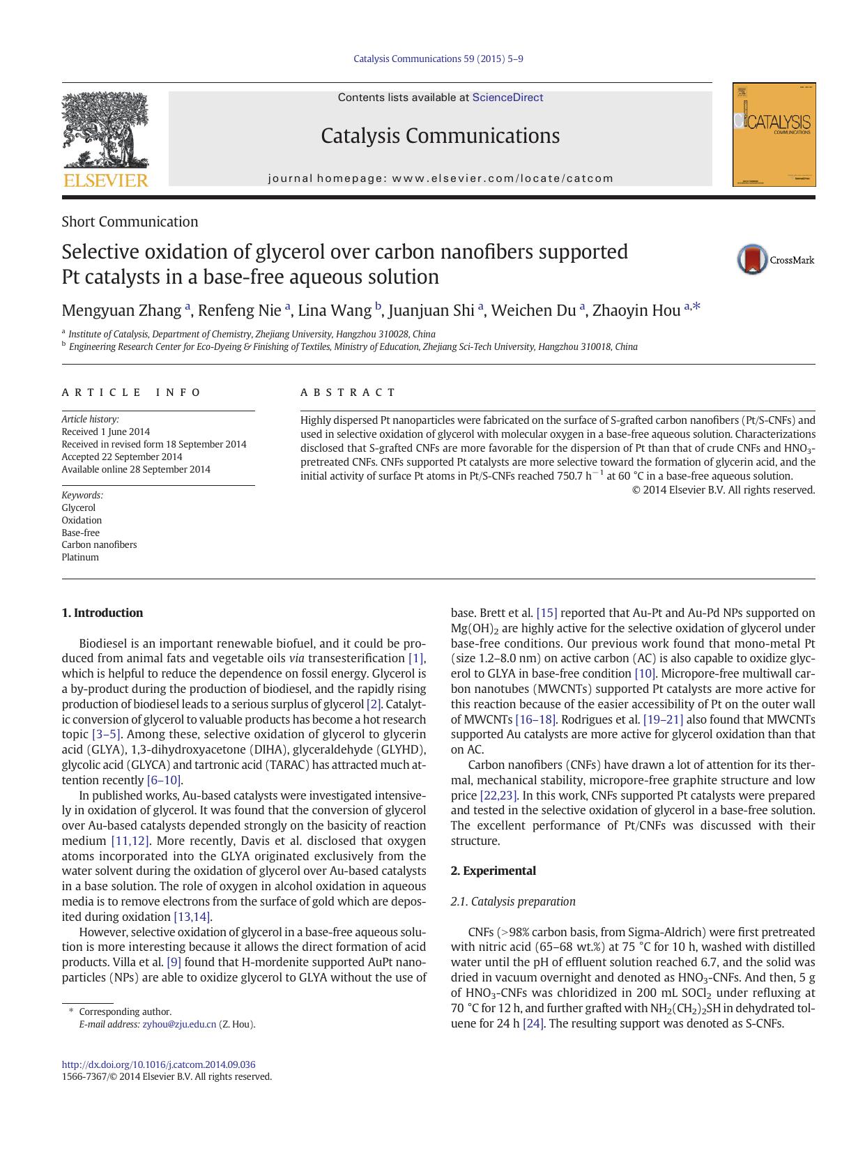 Selective oxidation of glycerol over carbon nanofibers supported Pt catalysts in a base-free aqueous solution by Mengyuan Zhang & Renfeng Nie & Lina Wang & Juanjuan Shi & Weichen Du & Zhaoyin Hou