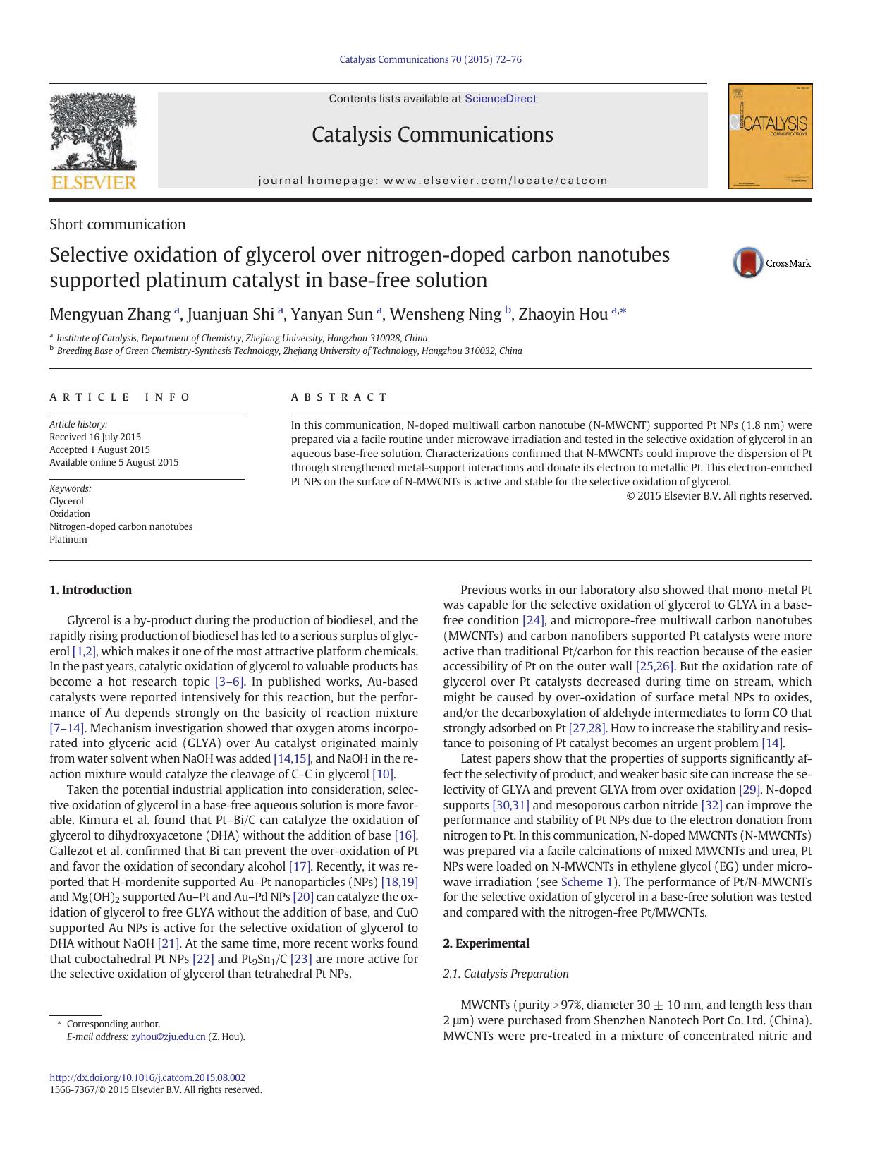 Selective oxidation of glycerol over nitrogen-doped carbon nanotubes supported platinum catalyst in base-free solution by Mengyuan Zhang & Juanjuan Shi & Yanyan Sun & Wensheng Ning & Zhaoyin Hou