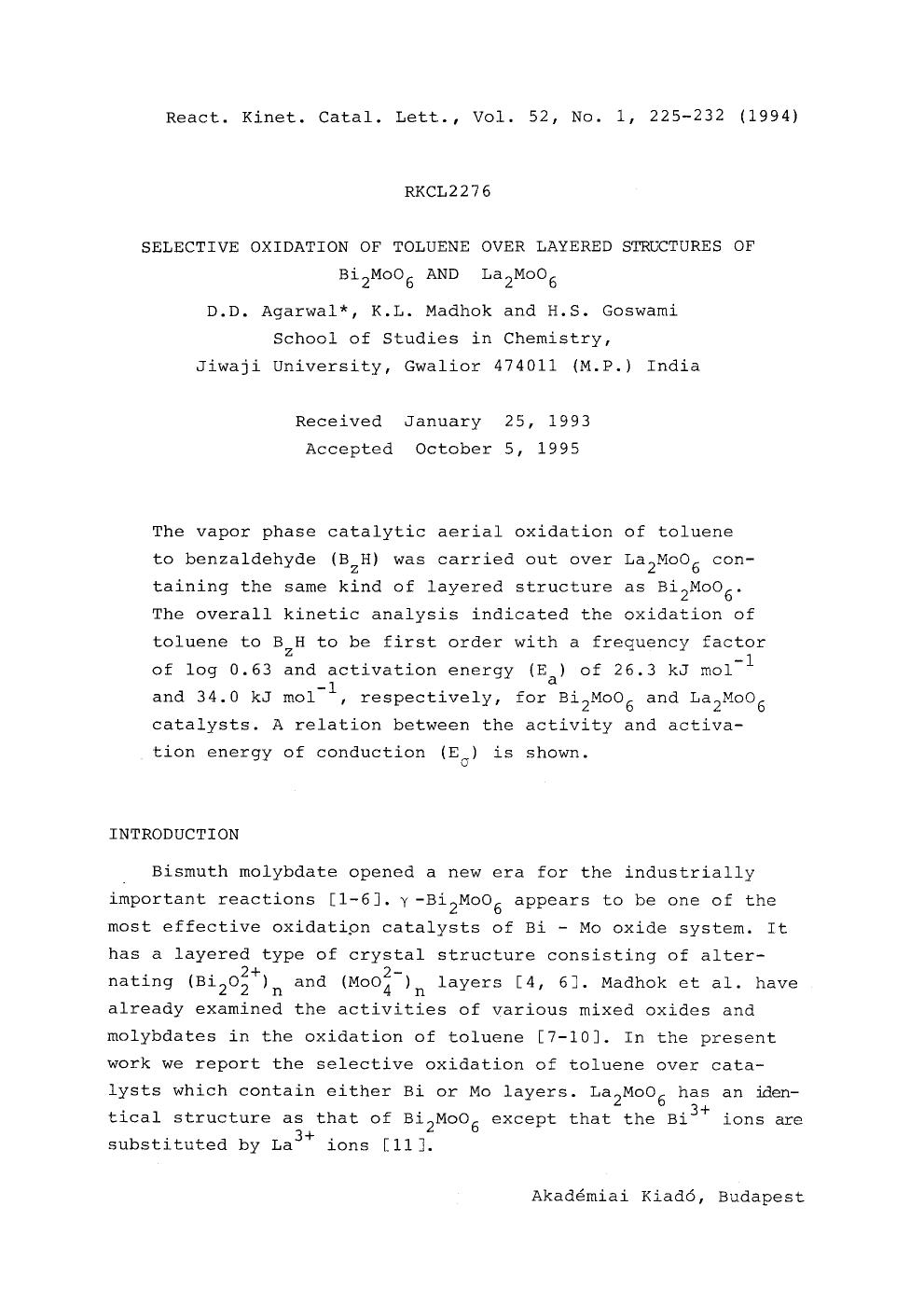Selective oxidation of toluene over layered structures of Bi <Subscript>2 <Subscript>MoO <Subscript>6 <Subscript> and La <Subscript>2 <Subscript>MoO <Subscript>6 <Subscript> by Unknown