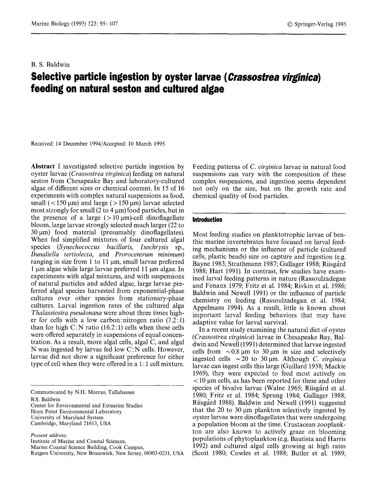 Selective particle ingestion by oyster larvae (<Emphasis Type="Italic">Crassostrea virginica<Emphasis>) feeding on natural seston and cultured algae by Unknown
