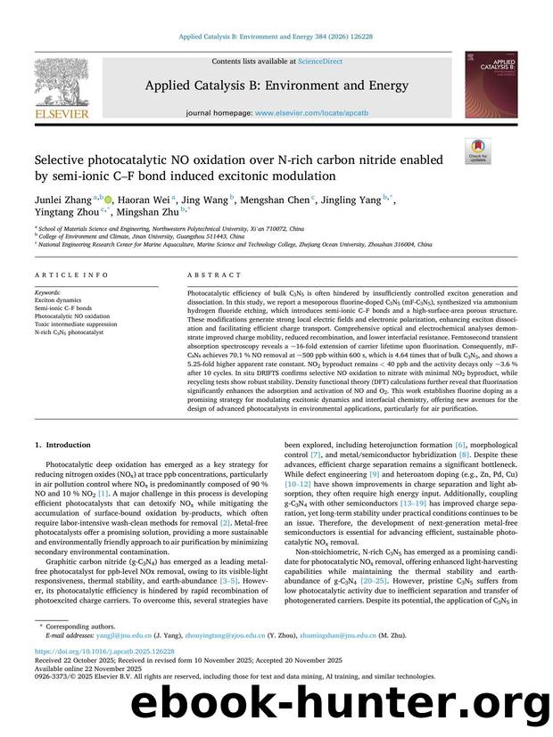 Selective photocatalytic NO oxidation over N-rich carbon nitride enabled by semi-ionic CâF bond induced excitonic modulation by Junlei Zhang & Haoran Wei & Jing Wang & Mengshan Chen & Jingling Yang & Yingtang Zhou & Mingshan Zhu