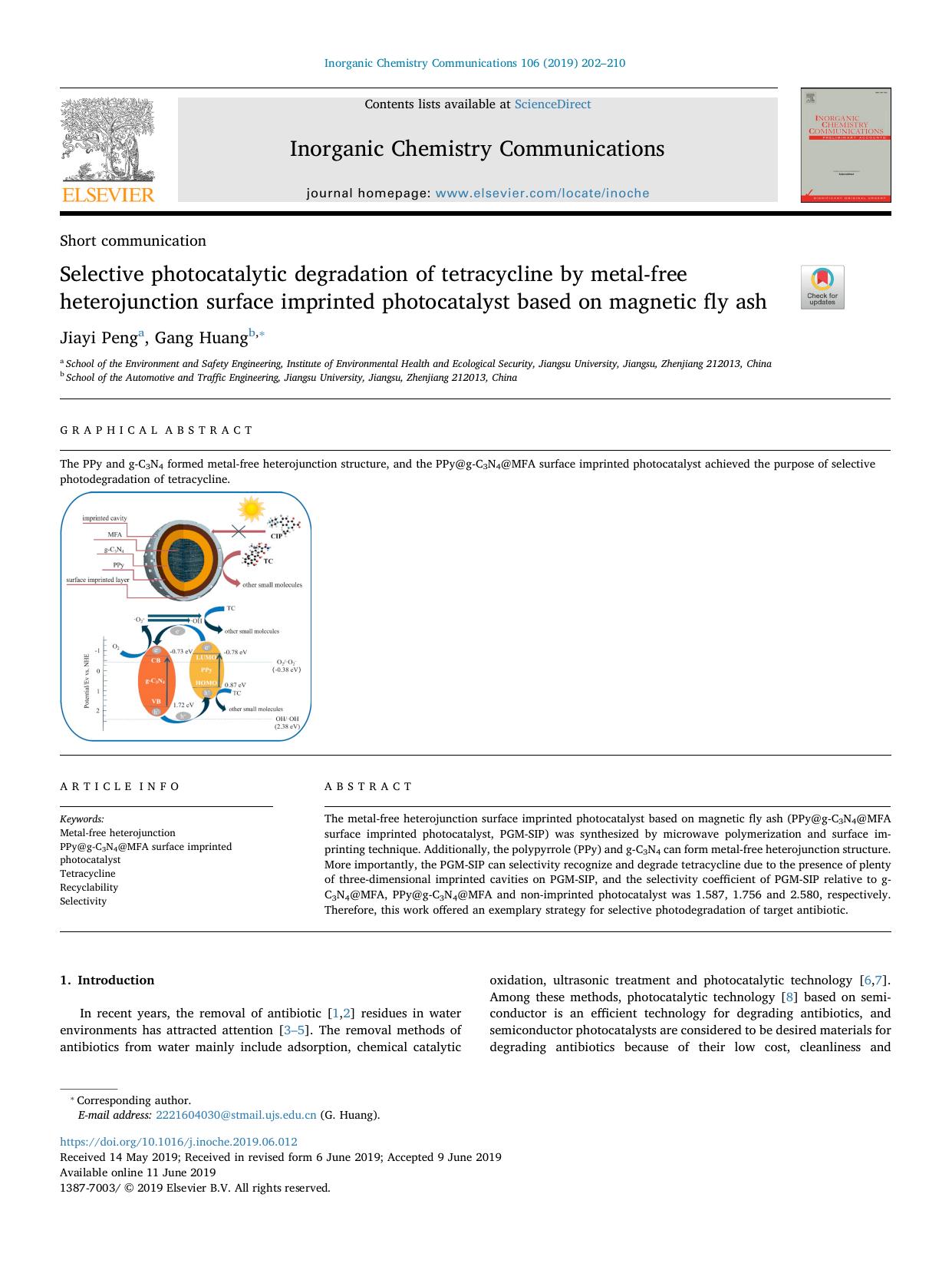 Selective photocatalytic degradation of tetracycline by metal-free heterojunction surface imprinted photocatalyst based on magnetic fly ash by Jiayi Peng & Gang Huang