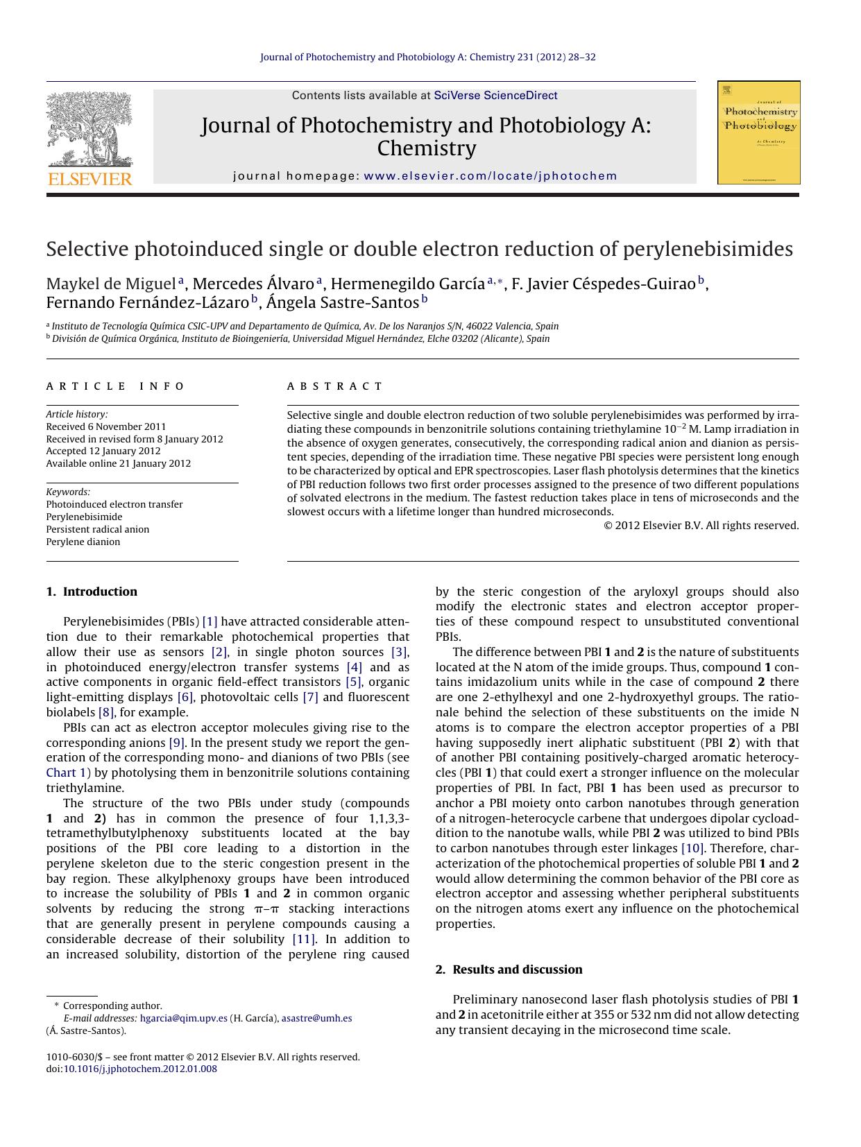Selective photoinduced single or double electron reduction of perylenebisimides by Maykel de Miguel