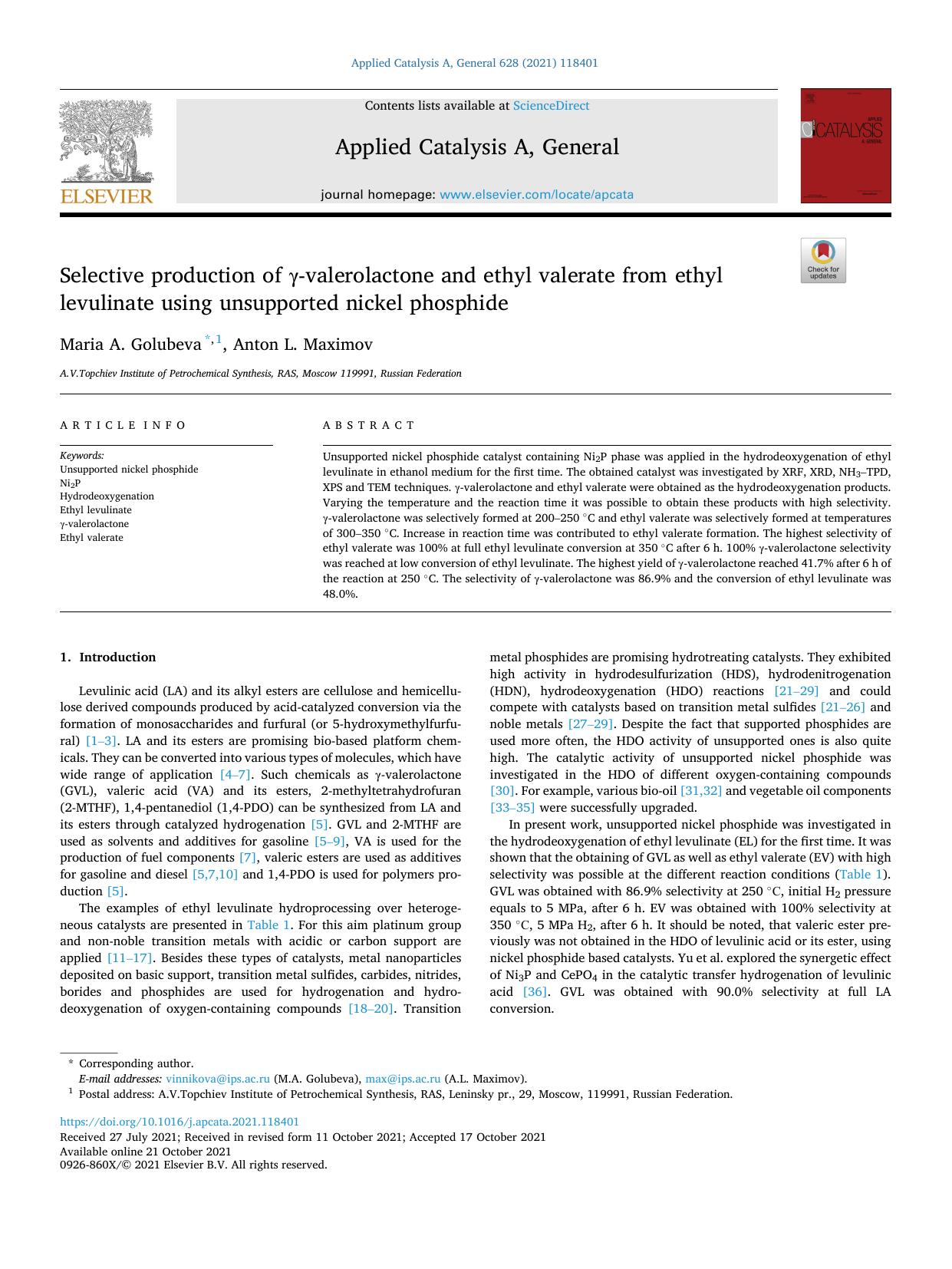 Selective production of Î³-valerolactone and ethyl valerate from ethyl levulinate using unsupported nickel phosphide by Maria A. Golubeva & Anton L. Maximov