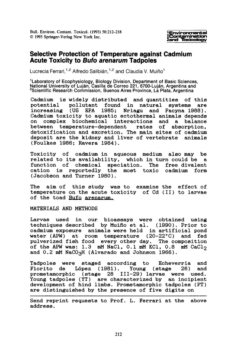 Selective protection of temperature against cadmium acute toxicity to <Emphasis Type="Italic">Bufo arenarum <Emphasis> tadpoles by Unknown