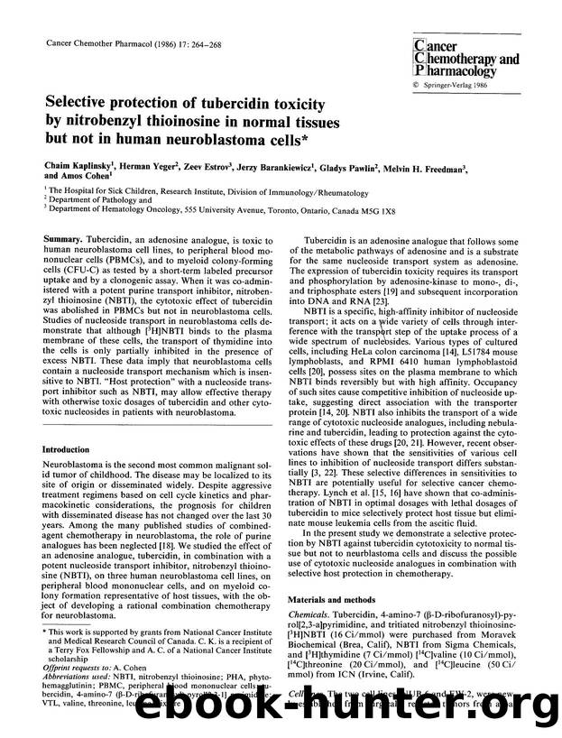 Selective protection of tubercidin toxicity by nitrobenzyl thioinosine in normal tissues but not in human neuroblastoma cells by Unknown