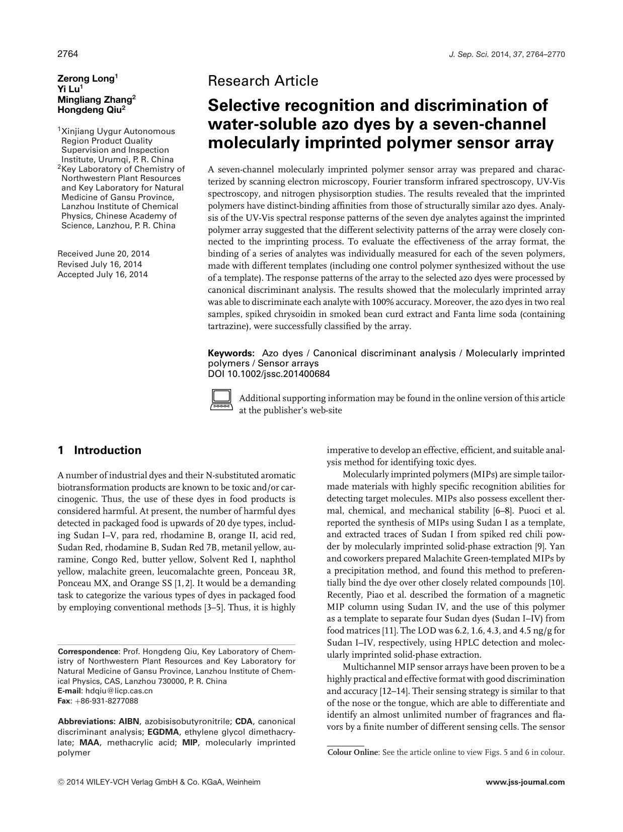 Selective recognition and discrimination of water&#x02010;soluble azo dyes by a seven&#x02010;channel molecularly imprinted polymer sensor array by Unknown