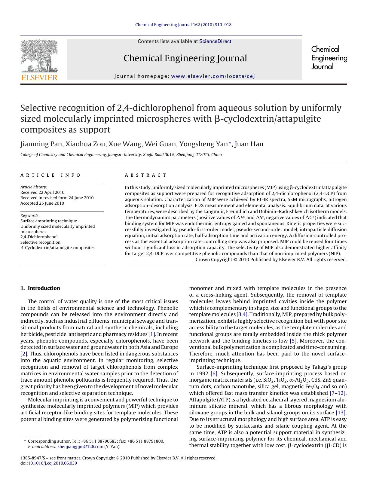 Selective recognition of 2,4-dichlorophenol from aqueous solution by uniformly sized molecularly imprinted microspheres with ÃÂ²-cyclodextrinattapulgite composites as support by Jianming Pan
