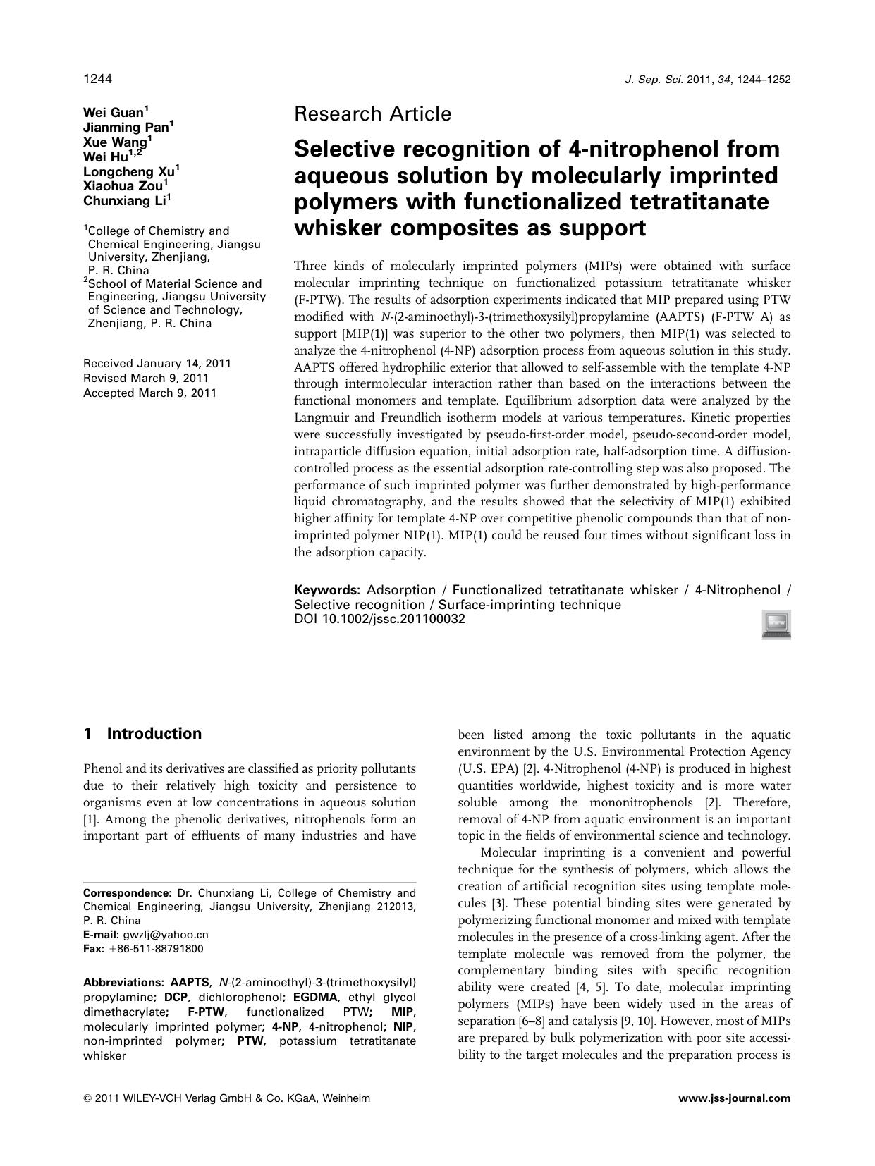 Selective recognition of 4nitrophenol from aqueous solution by molecularly imprinted polymers with functionalized tetratitanate whisker composites as support by Unknown