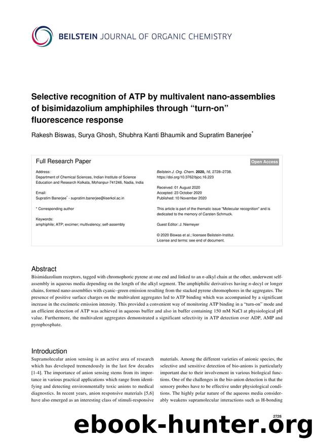 Selective recognition of ATP by multivalent nano-assemblies of bisimidazolium amphiphiles through âturn-onâ fluorescence response by Rakesh Biswas Surya Ghosh Shubhra Kanti Bhaumik Supratim Banerjee