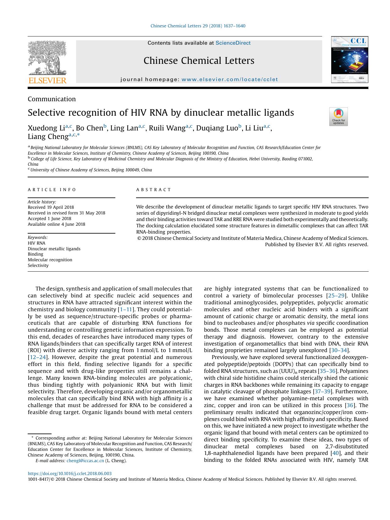Selective recognition of HIV RNA by dinuclear metallic ligands by Xuedong Li & Bo Chen & Ling Lan & Ruili Wang & Duqiang Luo & Li Liu & Liang Cheng
