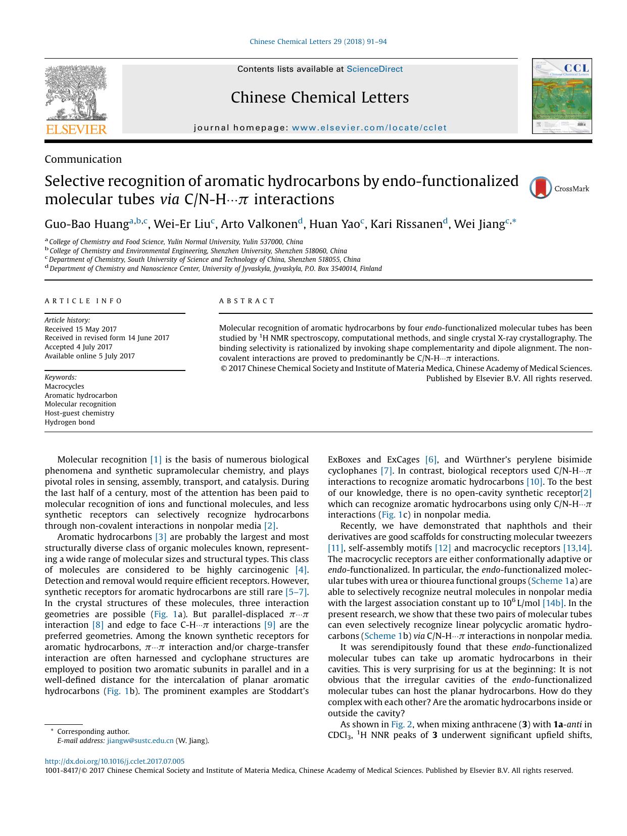 Selective recognition of aromatic hydrocarbons by endo-functionalized molecular tubes via CN-HâââÏ interactions by Guo-Bao Huang & Wei-Er Liu & Arto Valkonen & Huan Yao & Kari Rissanen & Wei Jiang