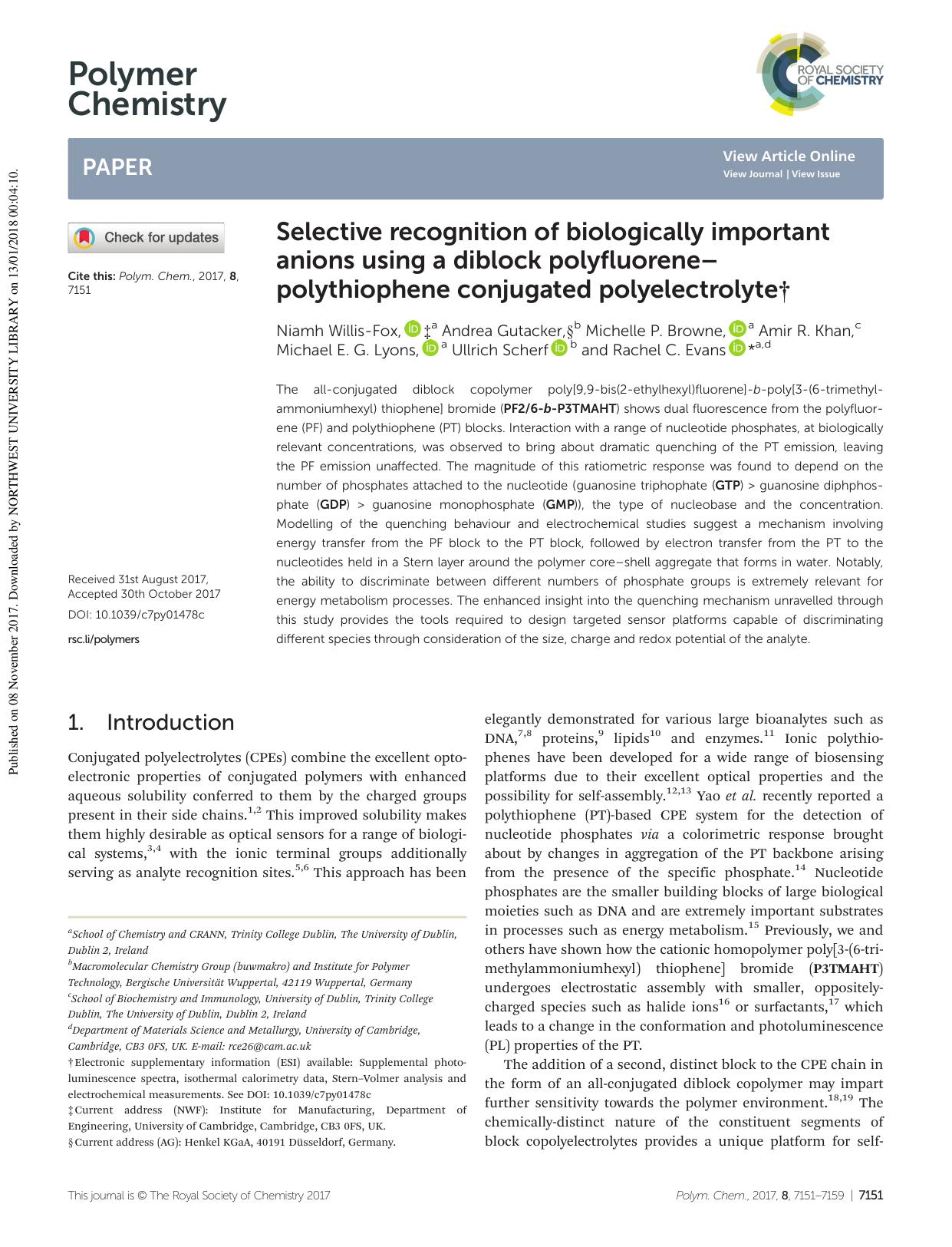 Selective recognition of biologically important anions using a diblock polyfluoreneâpolythiophene conjugated polyelectrolyte by unknow