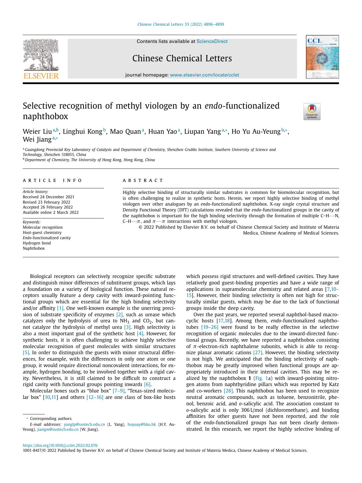 Selective recognition of methyl viologen by an endo-functionalized naphthobox by Weier Liu