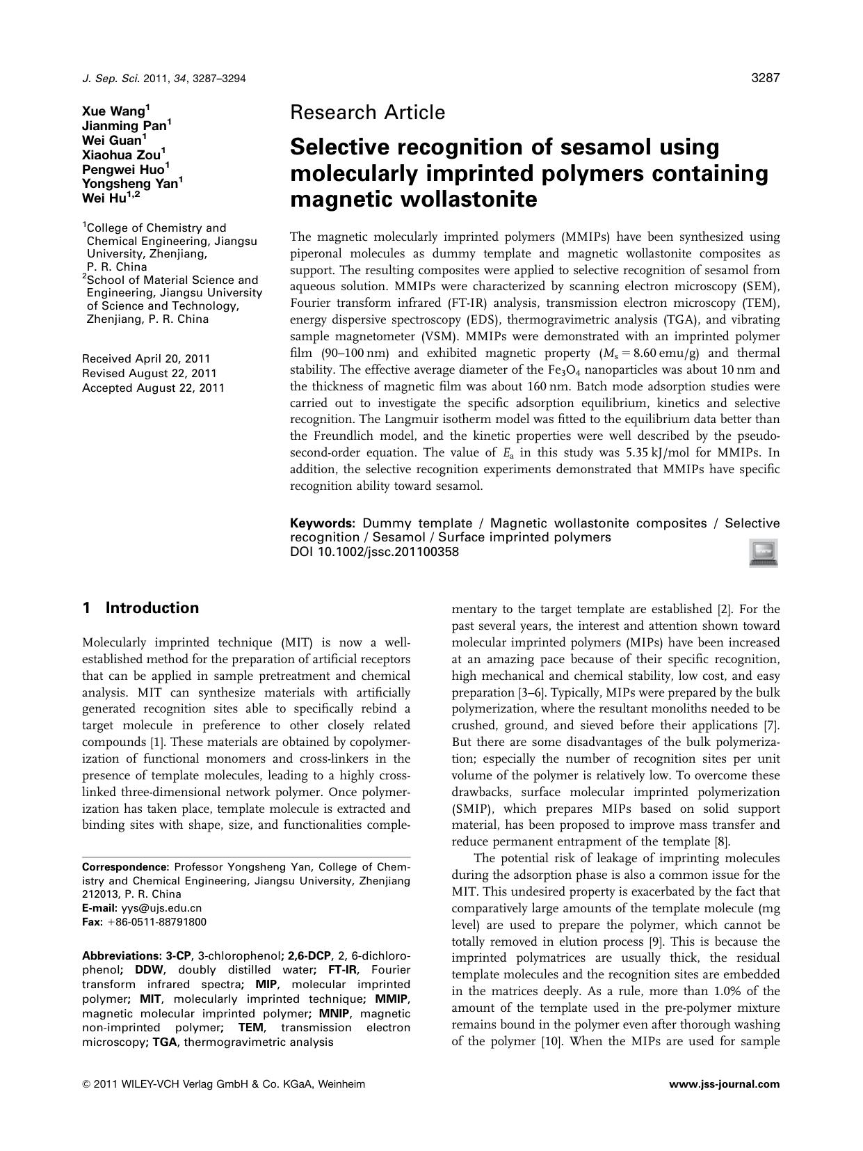 Selective recognition of sesamol using molecularly imprinted polymers containing magnetic wollastonite by Unknown