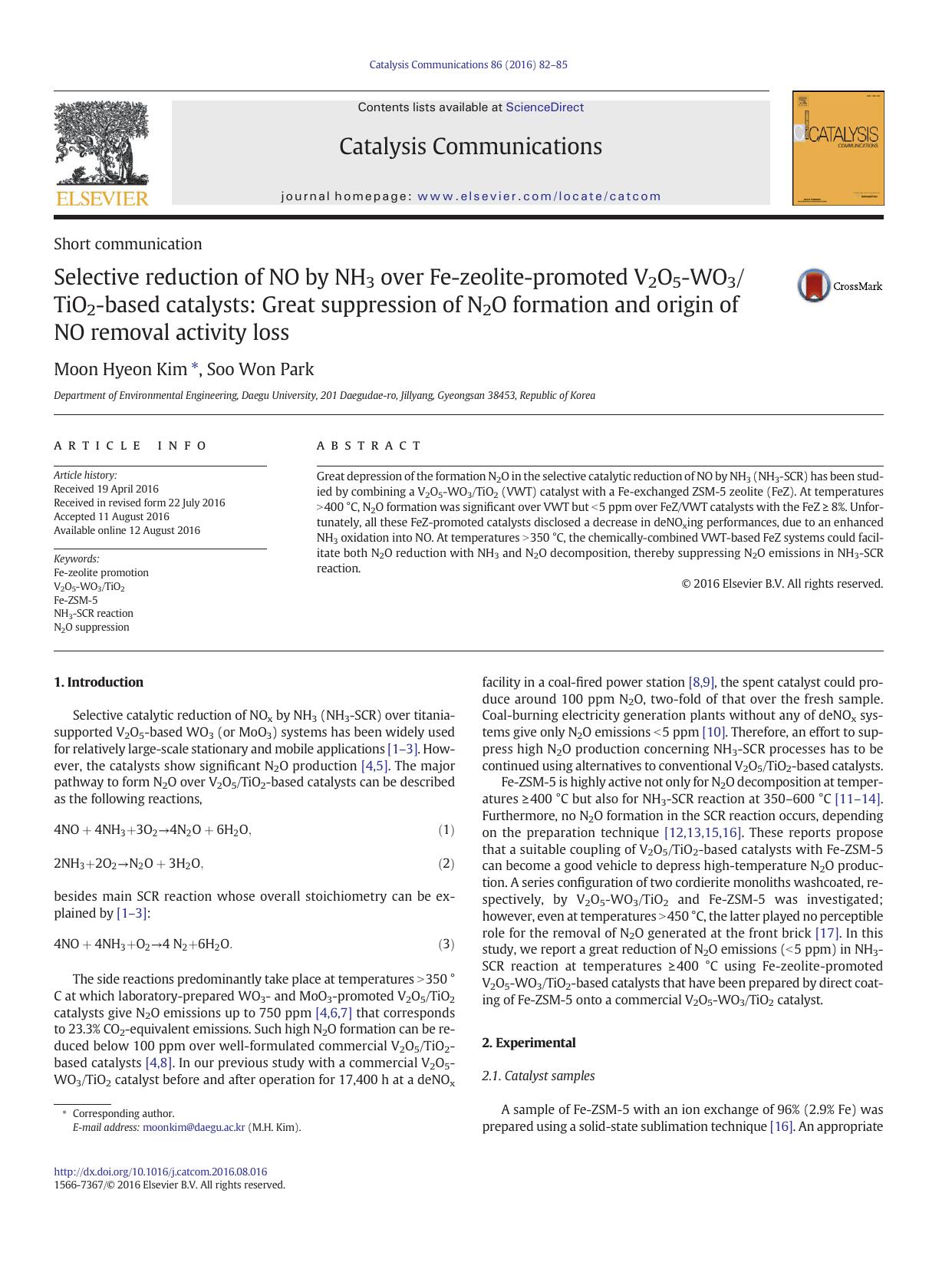 Selective reduction of NO by NH3 over Fe-zeolite-promoted V2O5-WO3TiO2-based catalysts: Great suppression of N2O formation and origin of NO removal activity loss by Moon Hyeon Kim & Soo Won Park