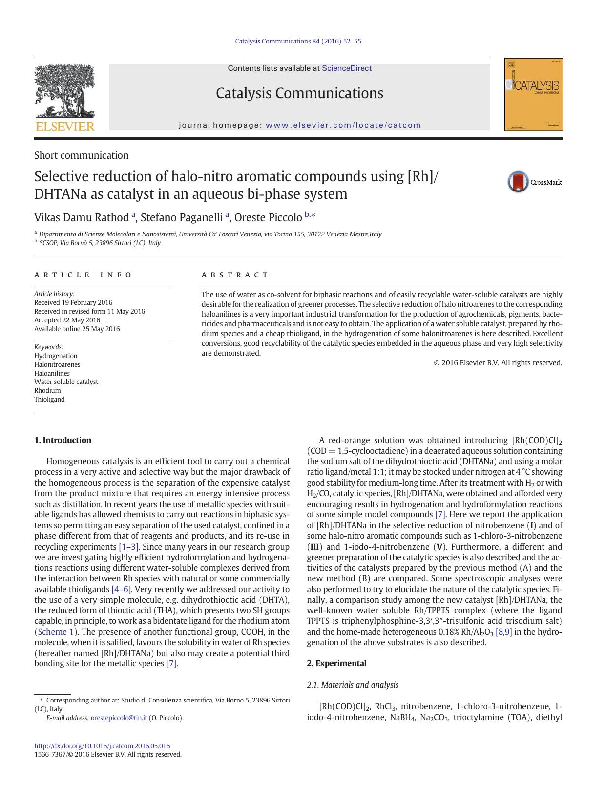 Selective reduction of halo-nitro aromatic compounds using [Rh]DHTANa as catalyst in an aqueous bi-phase system by Vikas Damu Rathod & Stefano Paganelli & Oreste Piccolo