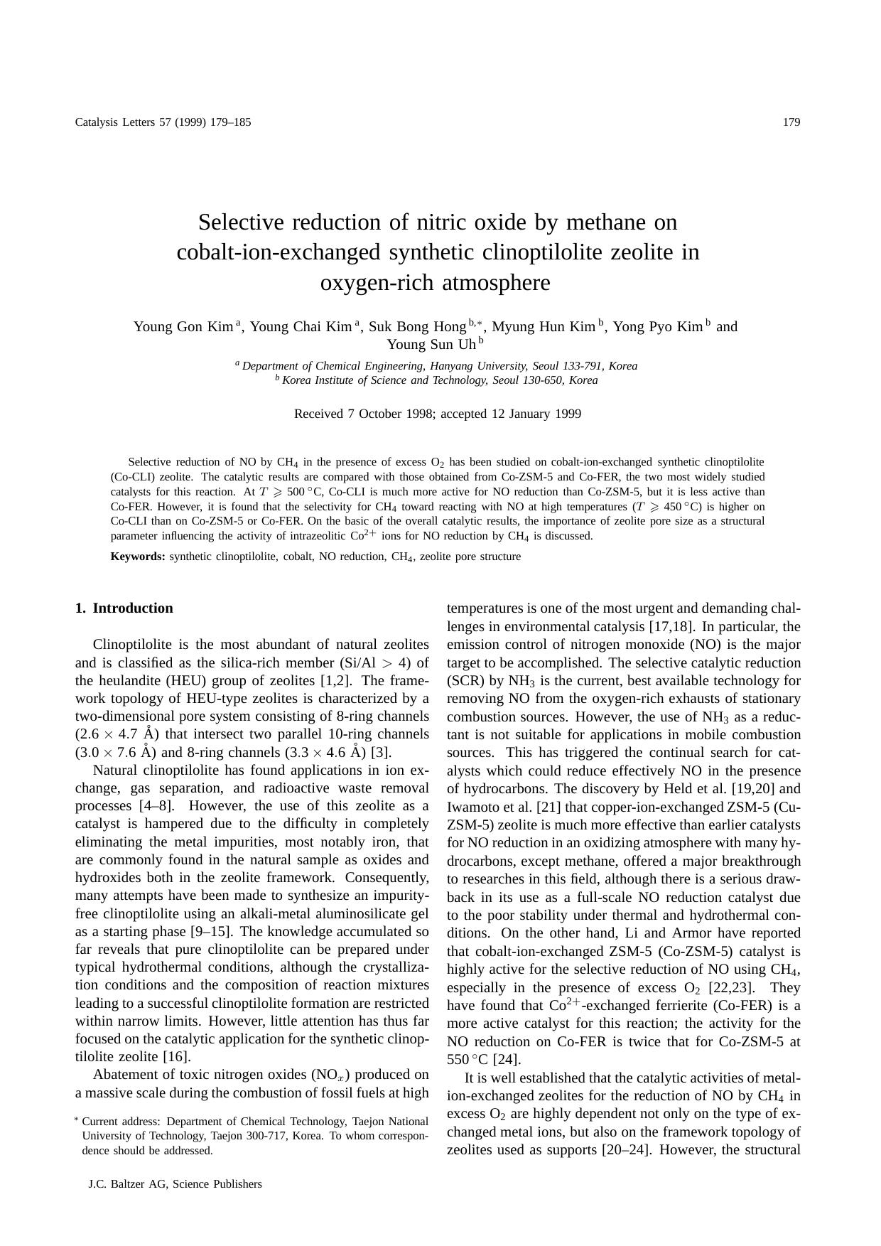 Selective reduction of nitric oxide by methane on cobalt-ion-exchanged synthetic clinoptilolite zeolite in oxygen-rich atmosphere by Unknown