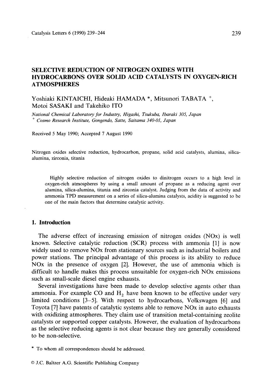 Selective reduction of nitrogen oxides with hydrocarbons over solid acid catalysts in oxygen-rich atmospheres by Unknown