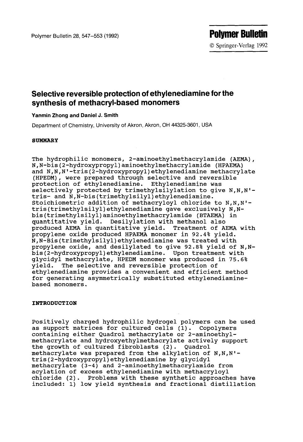 Selective reversible protection of ethylenediamine for the synthesis of methacryl-based monomers by Unknown