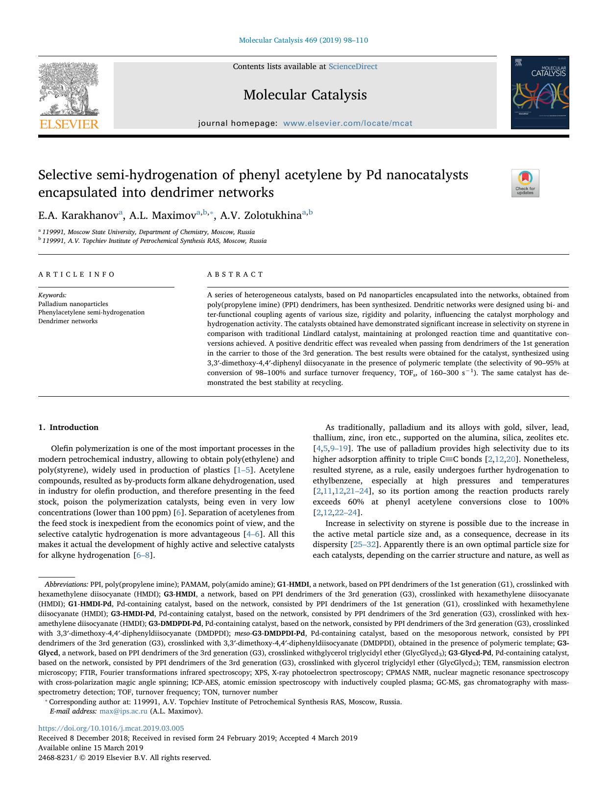 Selective semi-hydrogenation of phenyl acetylene by Pd nanocatalysts encapsulated into dendrimer networks by E.A. Karakhanov & A.L. Maximov & A.V. Zolotukhina