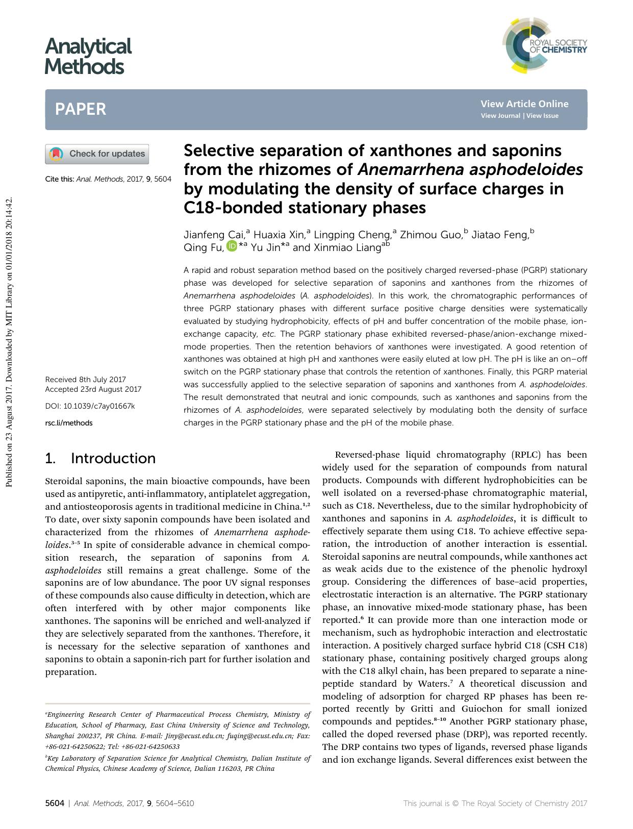 Selective separation of xanthones and saponins from the rhizomes of Anemarrhena asphodeloides by modulating the density of surface charges in C18-bonded stationary phases by unknow