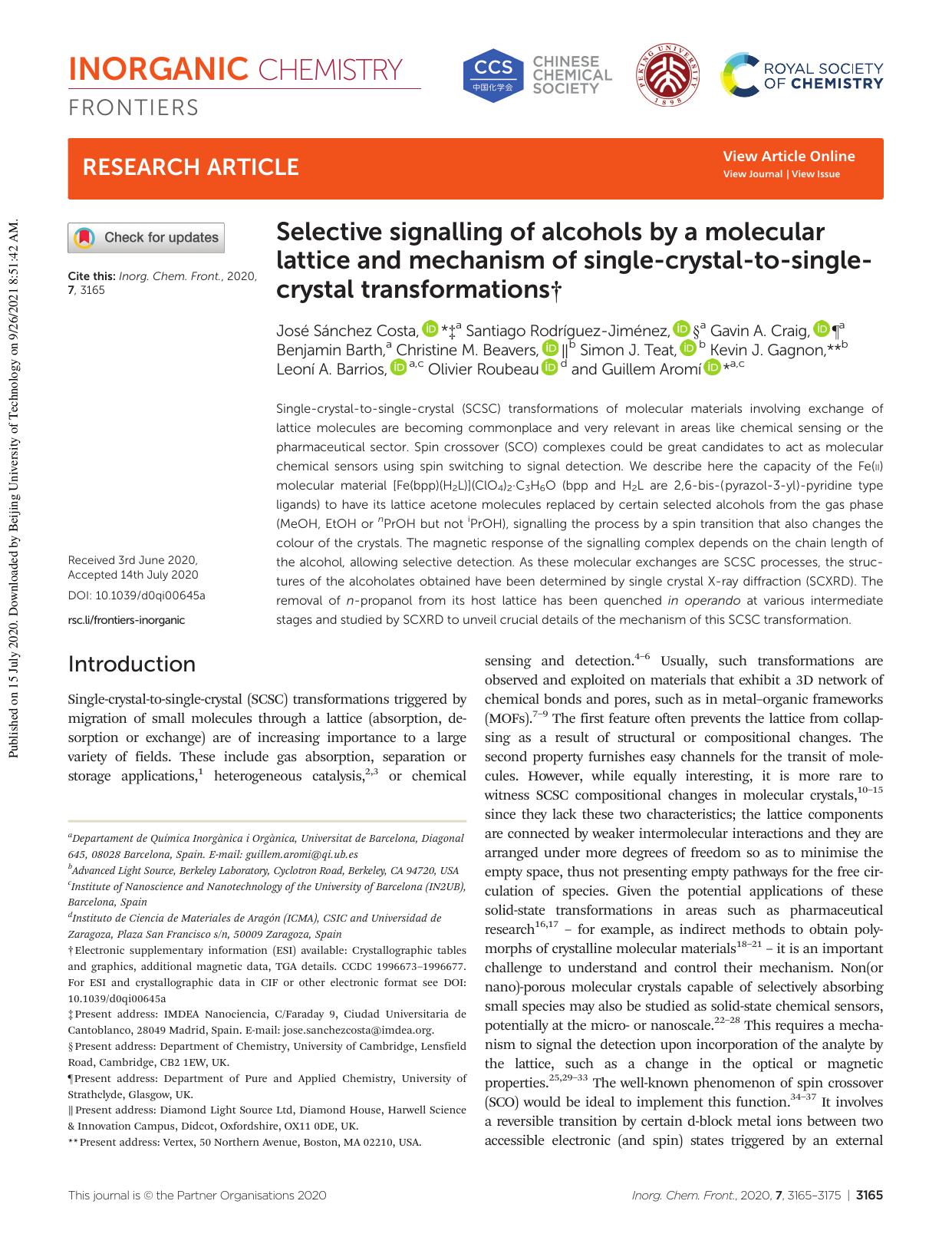 Selective signalling of alcohols by a molecular lattice and mechanism of single-crystal-to-single-crystal transformations by unknow