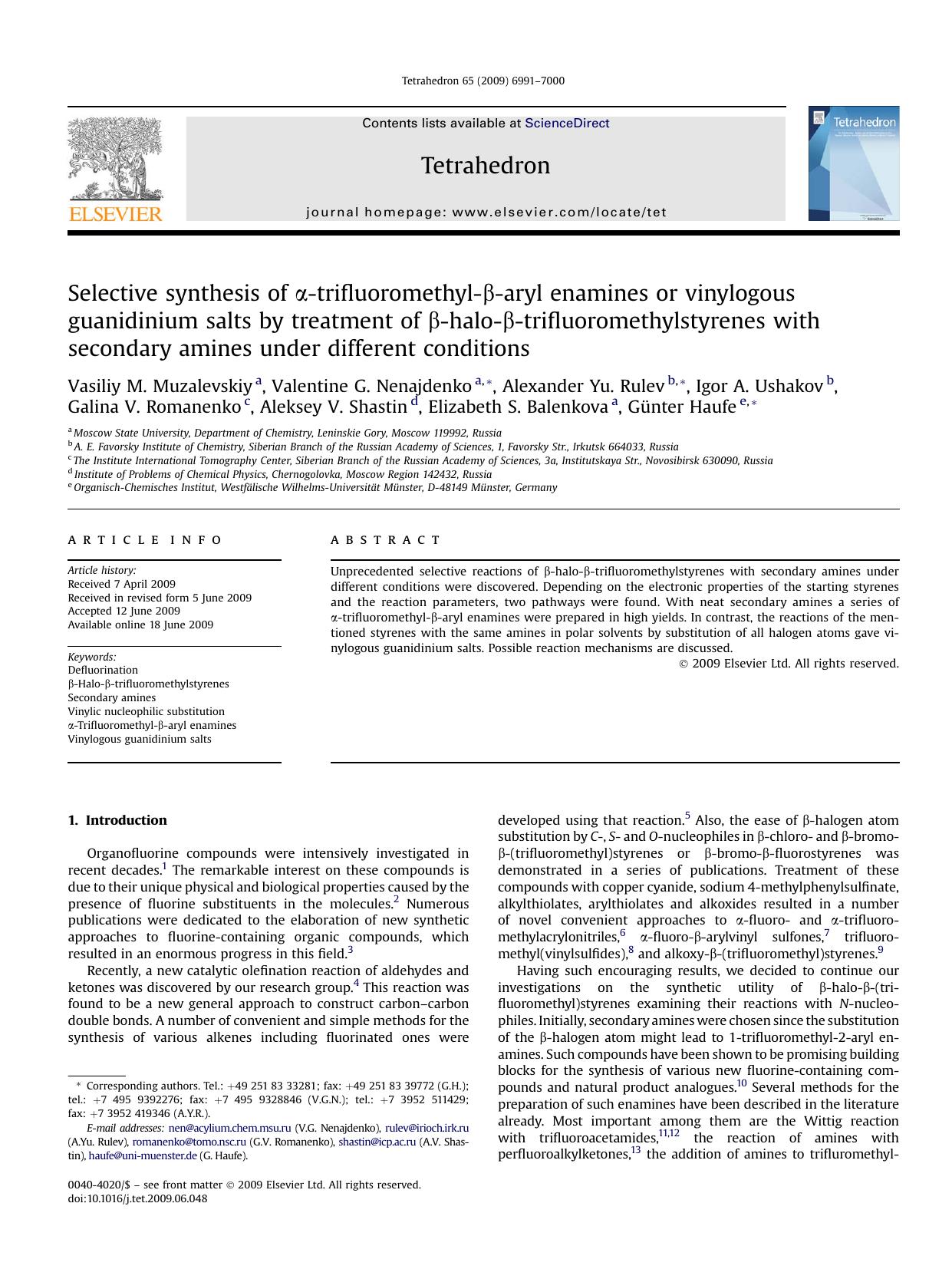 Selective synthesis of &alpha;-trifluoromethyl-&beta;-aryl enamines or vinylogous guanidinium salts by treatment of &beta;-halo-&beta;-trifluoromethylstyrenes with secondary amines by unknow