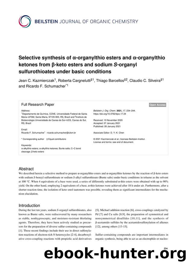 Selective synthesis of Î±-organylthio esters and Î±-organylthio ketones from Î²-keto esters and sodium S-organyl sulfurothioates under basic conditions by unknow