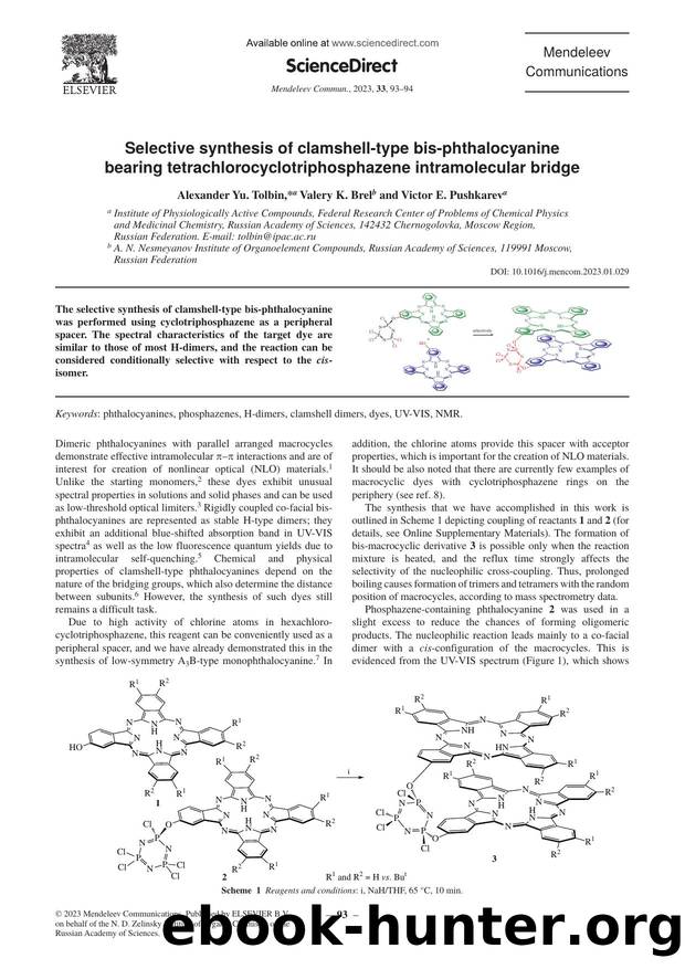Selective synthesis of clamshell-type bis-phthalocyanine bearing tetrachlorocyclotriphosphazene intramolecular bridge by Alexander Yu. Tolbin