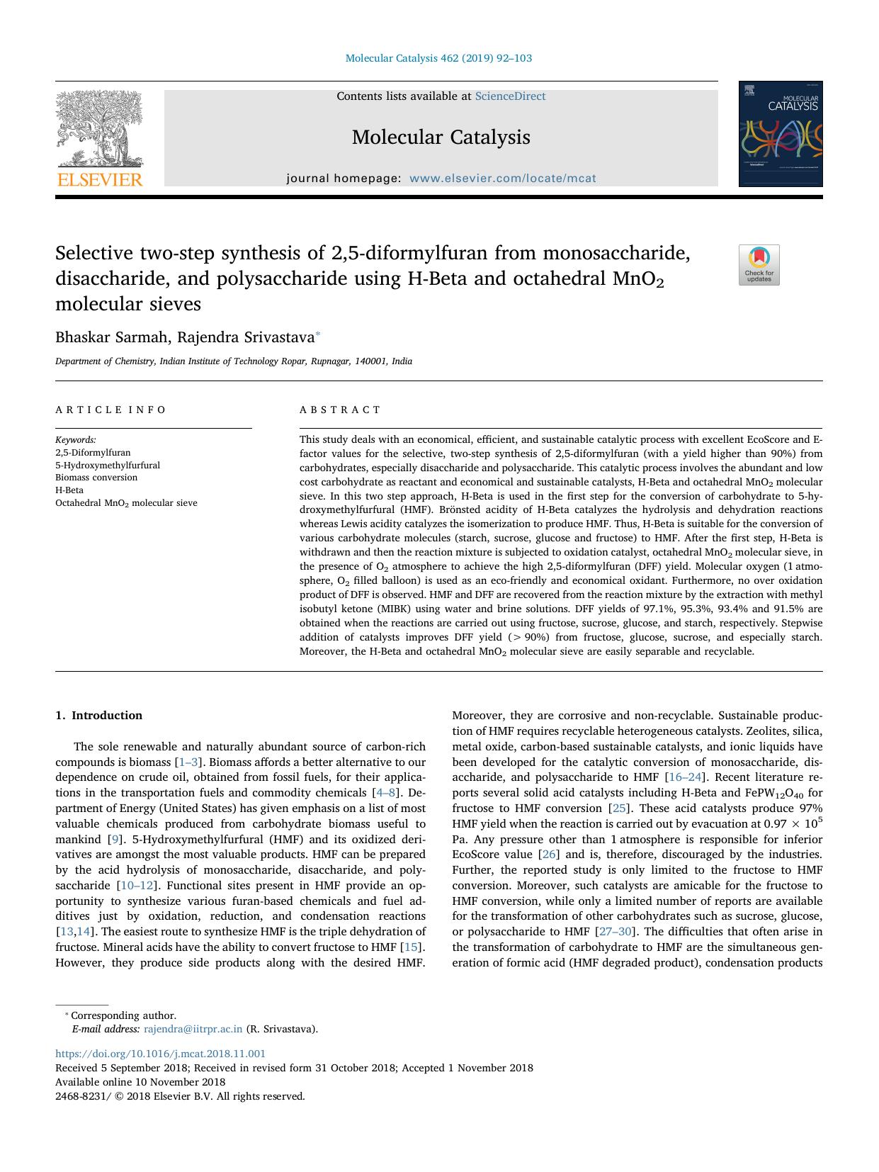 Selective two-step synthesis of 2,5-diformylfuran from monosaccharide, disaccharide, and polysaccharide using H-Beta and octahedral MnO2 molecular sieves by Bhaskar Sarmah & Rajendra Srivastava