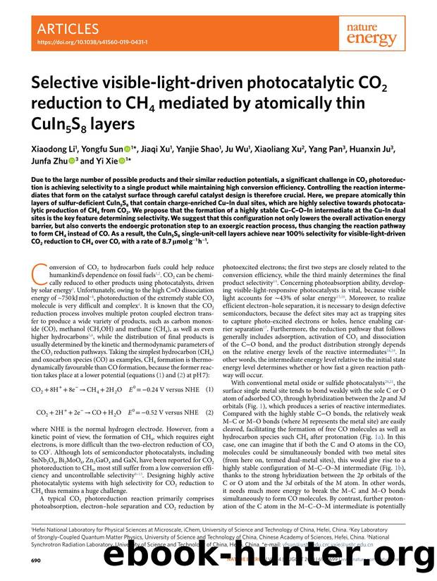 Selective visible-light-driven photocatalytic CO2 reduction to CH4 mediated by atomically thin CuIn5S8 layers by unknow