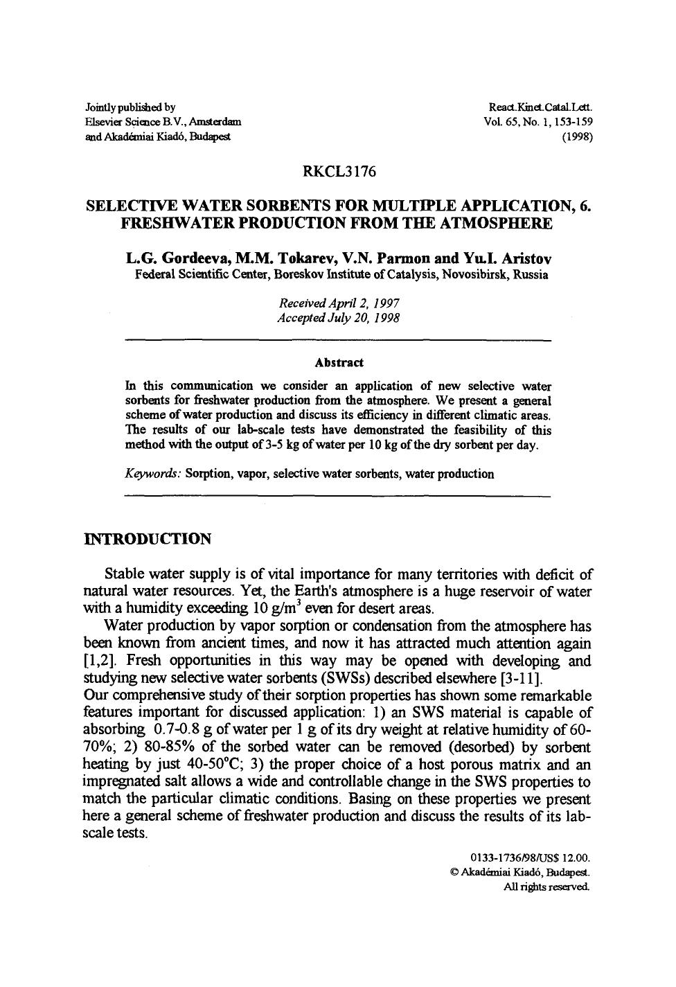 Selective water sorbents for multiple application, 6. Freshwater production from the atmosphere by Unknown