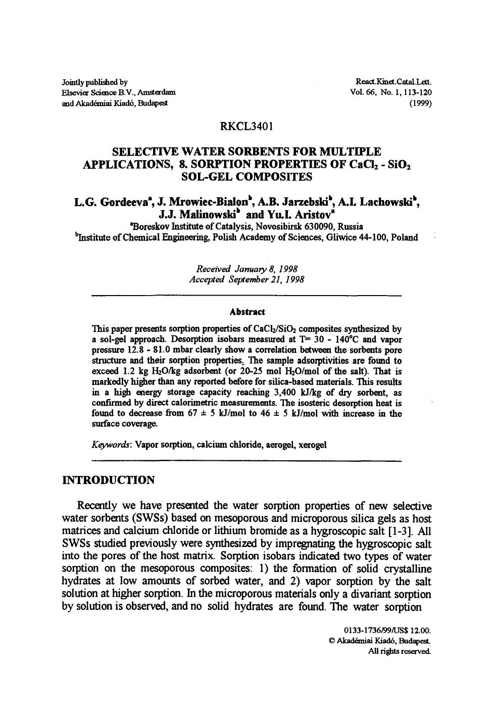 Selective water sorbents for multiple applications, 8. sorption properties of CaCl <Subscript>2 <Subscript>&#x2212;SiO <Subscript>2 <Subscript> sol-gel composites by Unknown