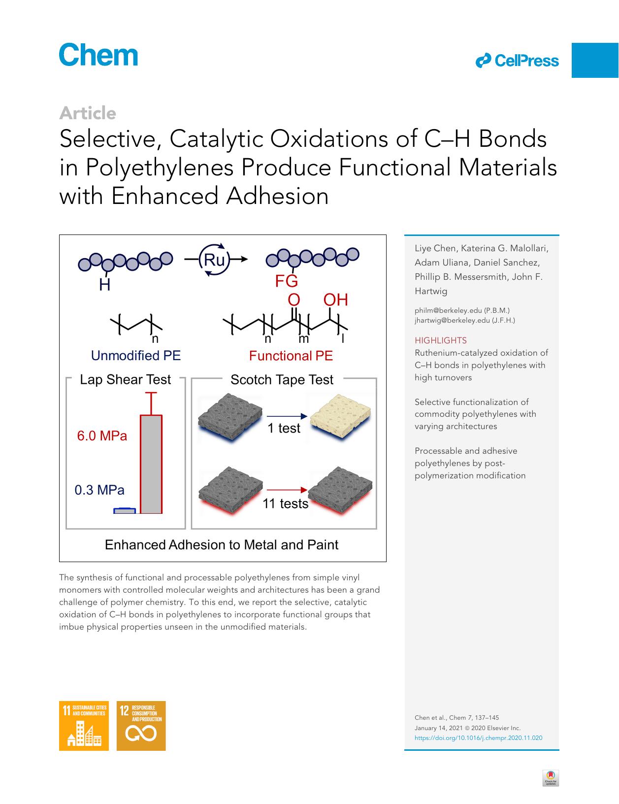 Selective, Catalytic Oxidations of C-H Bonds in Polyethylenes Produce Functional Materials with Enhanced Adhesion by unknow
