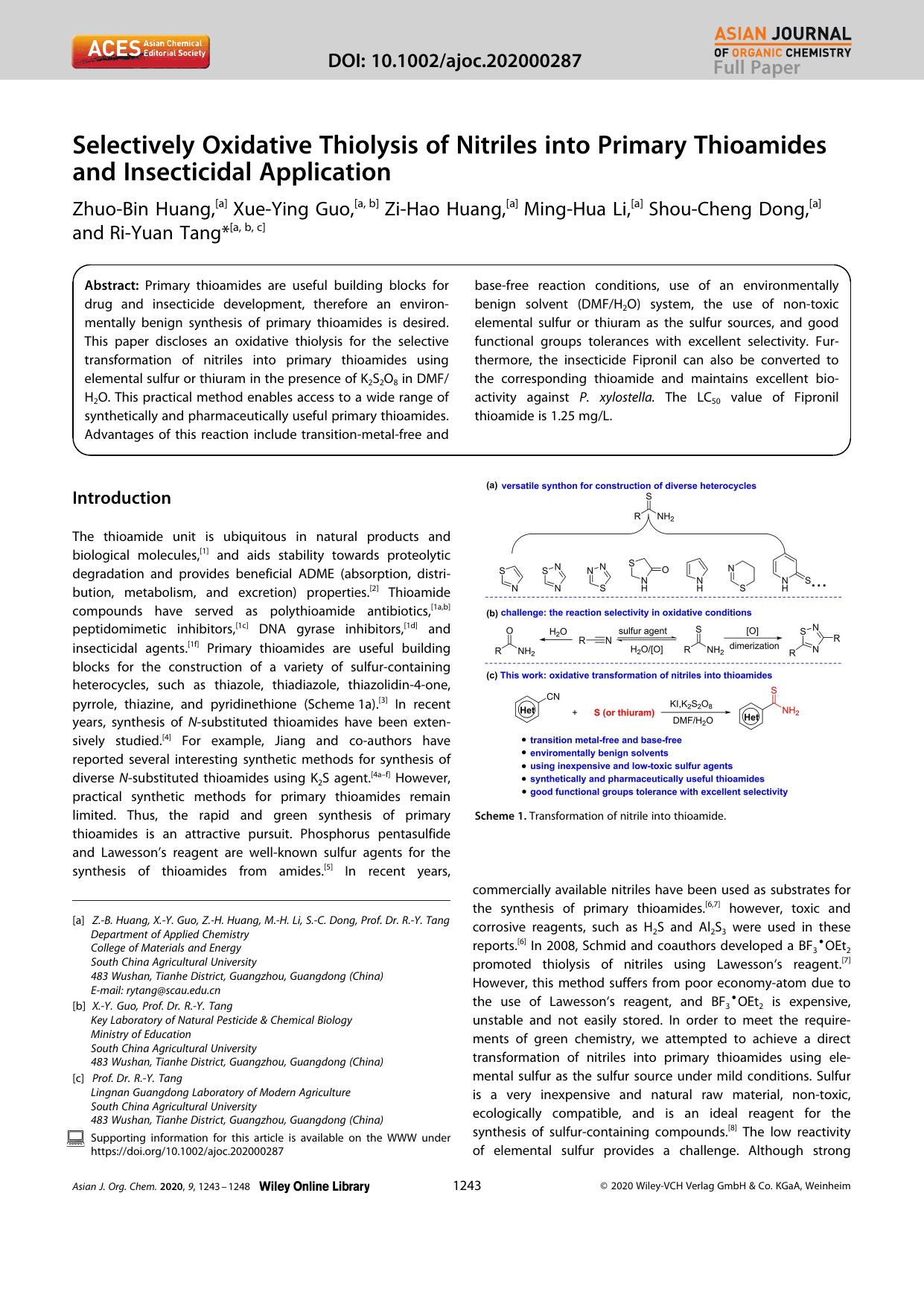 Selectively Oxidative Thiolysis of Nitriles into Primary Thioamides and Insecticidal Application by Unknown